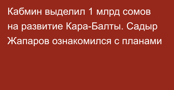 Кабмин выделил 1 млрд сомов на развитие Кара-Балты. Садыр Жапаров ознакомился с планами