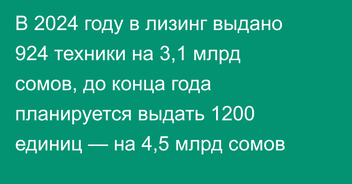 В 2024 году в лизинг выдано 924 техники на 3,1 млрд сомов, до конца года планируется выдать 1200 единиц — на 4,5 млрд сомов