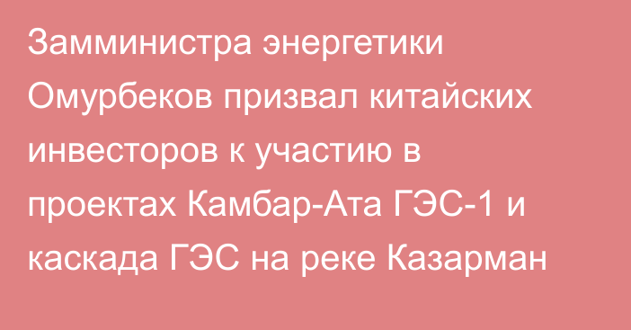 Замминистра энергетики Омурбеков призвал китайских инвесторов к участию в проектах Камбар-Ата ГЭС-1 и каскада ГЭС на реке Казарман