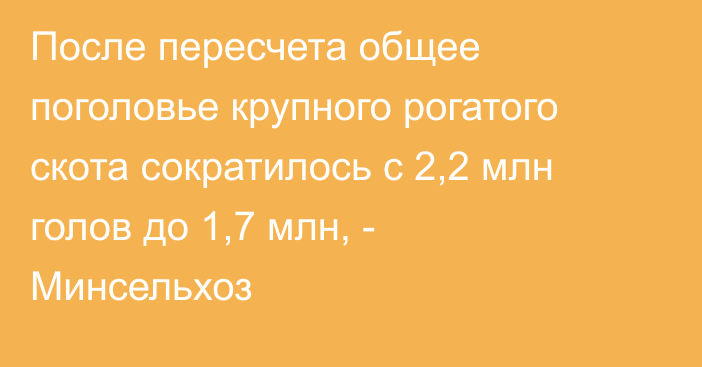 После пересчета общее поголовье крупного рогатого скота сократилось с 2,2 млн голов до 1,7 млн, - Минсельхоз