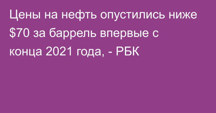 Цены на нефть опустились ниже $70 за баррель впервые с конца 2021 года, - РБК