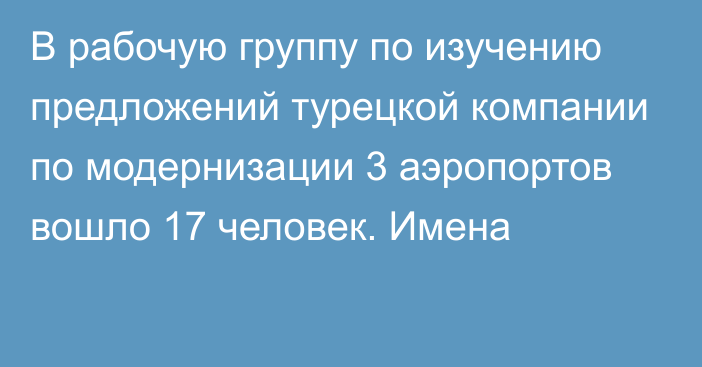 В рабочую группу по изучению предложений турецкой компании по модернизации 3 аэропортов вошло 17 человек. Имена