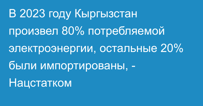 В 2023 году Кыргызстан произвел 80% потребляемой электроэнергии, остальные 20% были импортированы, - Нацстатком