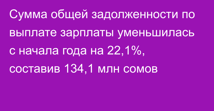 Сумма общей задолженности по выплате зарплаты уменьшилась с начала года на 22,1%, составив 134,1 млн сомов