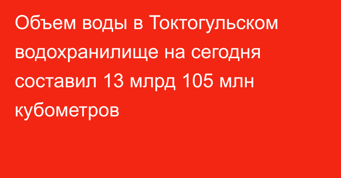 Объем воды в Токтогульском водохранилище на сегодня составил 13 млрд 105 млн кубометров