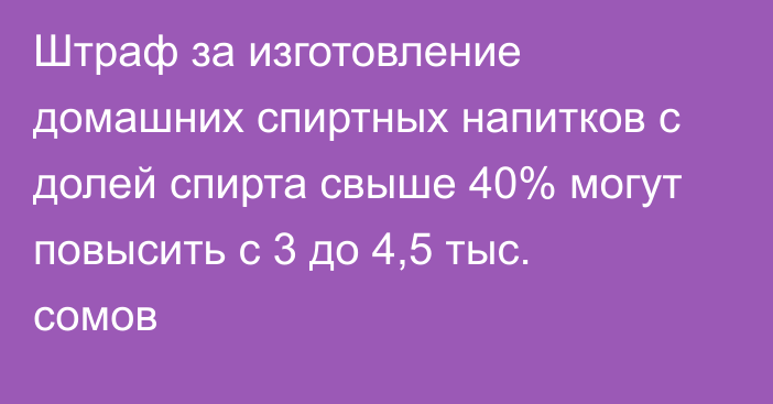 Штраф за изготовление домашних спиртных напитков с долей спирта свыше 40% могут повысить с 3 до 4,5 тыс. сомов