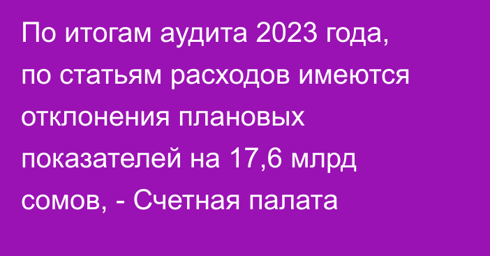 По итогам аудита 2023 года, по статьям расходов имеются отклонения плановых показателей на 17,6 млрд сомов, - Счетная палата