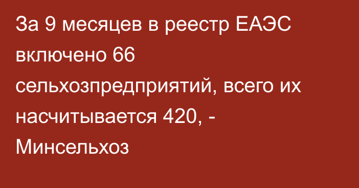 За 9 месяцев в реестр ЕАЭС включено 66 сельхозпредприятий, всего их насчитывается 420, - Минсельхоз 