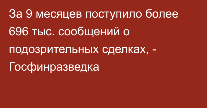 За 9 месяцев поступило более 696 тыс. сообщений о подозрительных сделках, - Госфинразведка