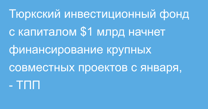 Тюркский инвестиционный фонд с капиталом $1 млрд начнет финансирование крупных совместных проектов с января, - ТПП