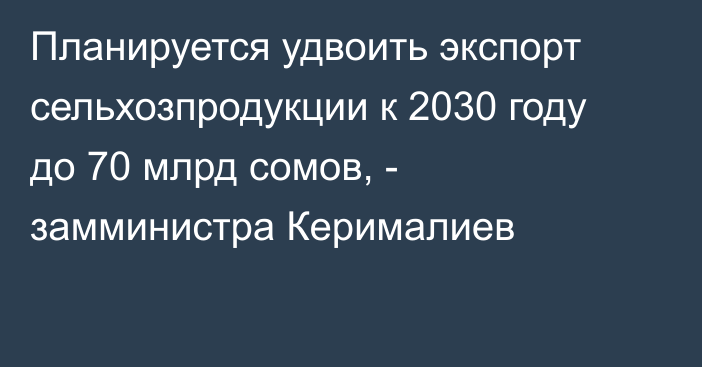 Планируется удвоить экспорт сельхозпродукции к 2030 году до 70 млрд сомов, - замминистра Керималиев