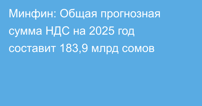 Минфин: Общая прогнозная сумма НДС на 2025 год составит 183,9 млрд сомов 