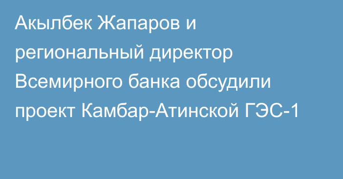 Акылбек Жапаров и региональный директор Всемирного банка обсудили проект Камбар-Атинской ГЭС-1