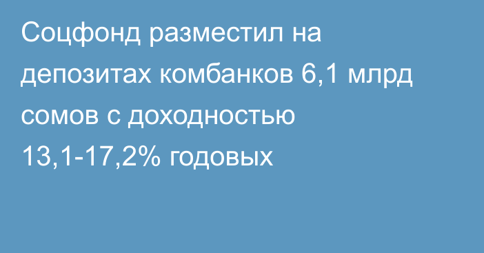 Соцфонд разместил на депозитах комбанков 6,1 млрд сомов с доходностью 13,1-17,2% годовых