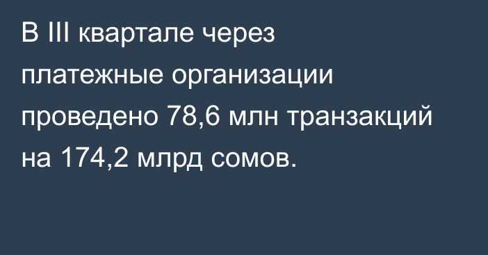 В III квартале через платежные организации проведено 78,6 млн транзакций на 174,2 млрд сомов.