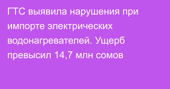 ГТС выявила нарушения при импорте электрических водонагревателей. Ущерб превысил 14,7 млн сомов