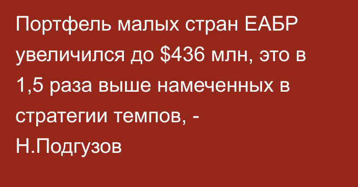 Портфель малых стран ЕАБР увеличился до $436 млн, это в 1,5 раза выше намеченных в стратегии темпов, - Н.Подгузов