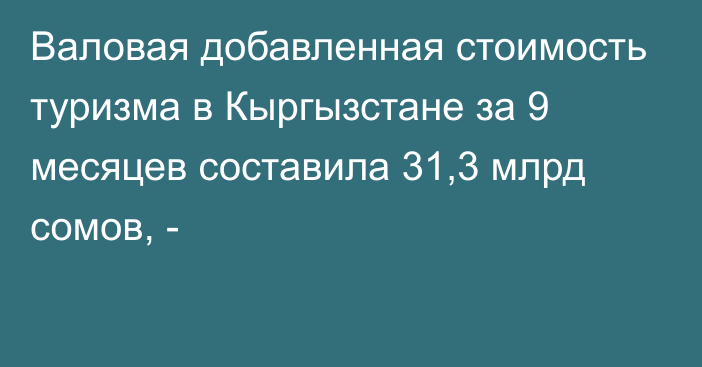 Валовая добавленная стоимость туризма в Кыргызстане за 9 месяцев составила 31,3 млрд сомов, -