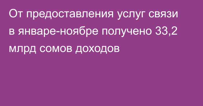 От предоставления услуг связи в январе-ноябре получено 33,2 млрд сомов доходов