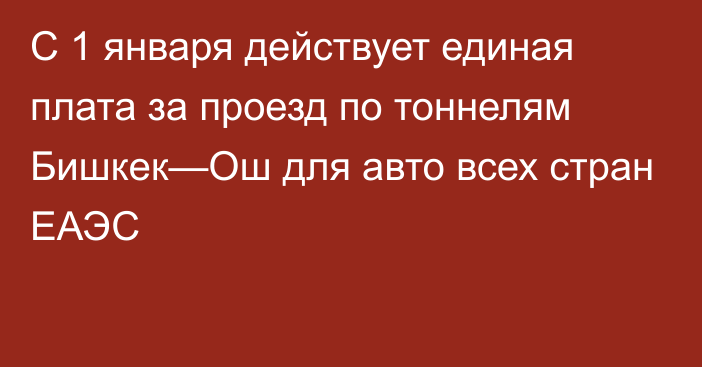 С 1 января действует единая плата за проезд по тоннелям Бишкек—Ош для авто всех стран ЕАЭС