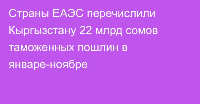 Страны ЕАЭС перечислили Кыргызстану 22 млрд сомов таможенных пошлин в январе-ноябре