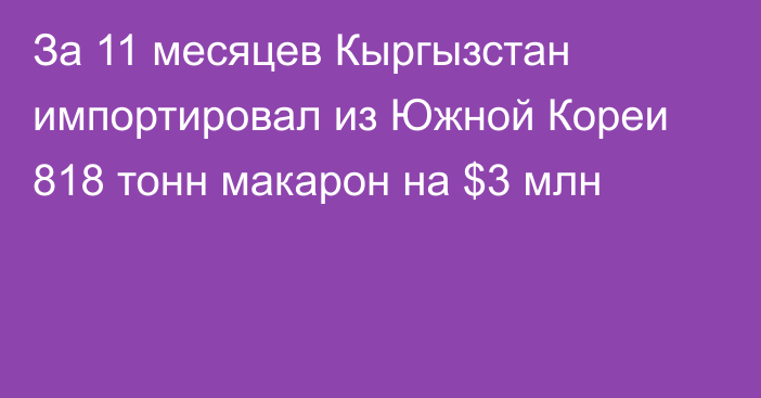 За 11 месяцев Кыргызстан импортировал из Южной Кореи 818 тонн макарон на $3 млн