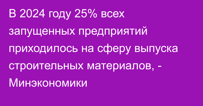 В 2024 году 25% всех запущенных предприятий приходилось на сферу выпуска строительных материалов, - Минэкономики 