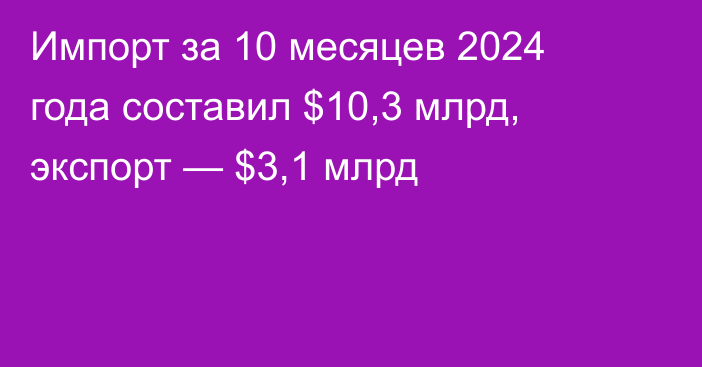 Импорт за 10 месяцев 2024 года составил $10,3 млрд, экспорт —  $3,1 млрд