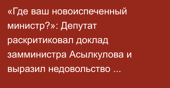 «Где ваш новоиспеченный министр?»: Депутат раскритиковал доклад замминистра Асылкулова и выразил недовольство отсутствием министра экономики на заседании