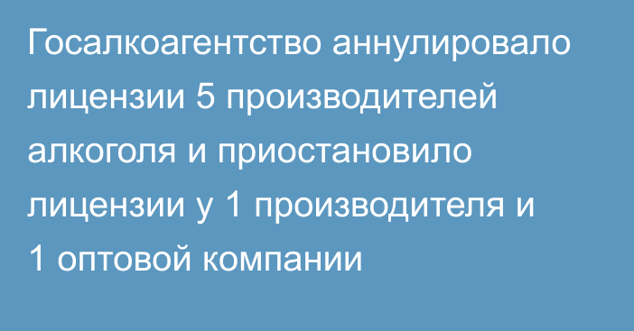 Госалкоагентство аннулировало лицензии 5 производителей алкоголя и приостановило лицензии у 1 производителя и 1 оптовой компании