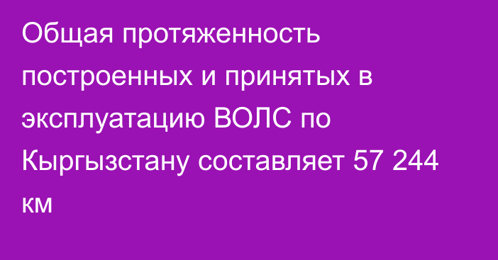 Общая протяженность построенных и принятых в эксплуатацию ВОЛС по Кыргызстану составляет 57 244 км