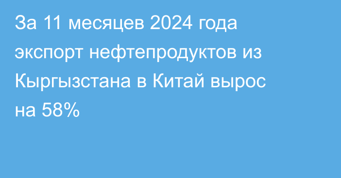 За 11 месяцев 2024 года экспорт нефтепродуктов из Кыргызстана в Китай вырос на 58%